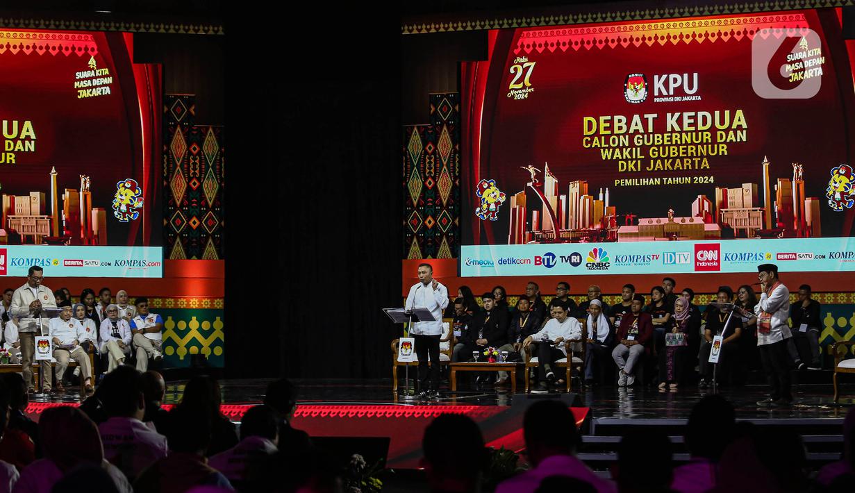 Debat kedua Pemilihan Gubernur DKI Jakarta 2024 mengangkat tema utama Ekonomi dan Kesejahteraan Sosial. (Liputan6.com/Angga Yuniar)