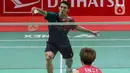 Jonatan Christie menang 2-1 dalam pertarungan tiga set melawan Lin Chun-yi (21-9, 10-21, dan 21-15). (Liputan6.com/Herman Zakharia)