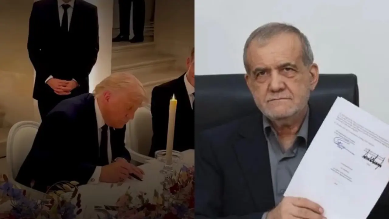Presiden Amerika Serikat Donald Trump dan Presiden Iran Masoud Pezeshkian melakukan penandatanganan kesepakatan damai di lokasi terpisah.
