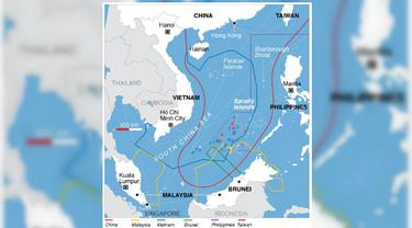 klaim tumpang tindih negara-negara Asia Tenggara, China, dan Taiwan atas Laut China Selatan (VOA Wikimedia Commons) 2