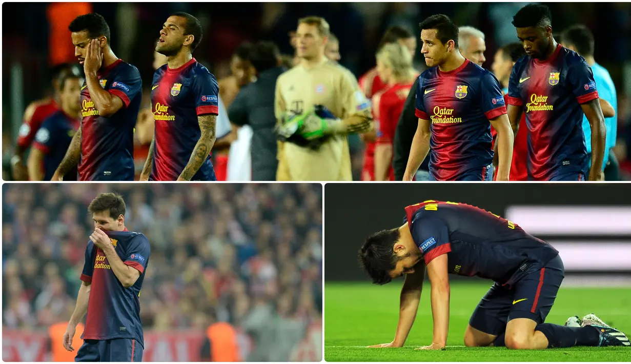 Barcelona pernah merasakan kelahan telak hingga 7 gol tanpa balas oleh Bayern Munchen saat berlaga di kompetisi Liga Champions. Berikut momen pembantaian 7-0 Bayern Munchen atas Barcelona di Liga Champions 2012/13. (kolase foto AFP)
