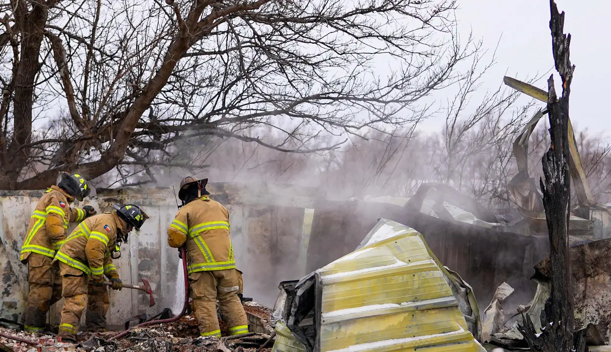 Dinas Kehutanan Texas A&M melaporkan bahwa enam kebakaran besar, yang dipicu oleh suhu panas saat musim dingin dan angin kencang, masih berkobar secara aktif. (AP Photo/Julio Cortez)