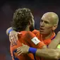Gelandang timnas Belanda, Arjen Robben, setelah mencetak gol ke gawang Bulgaria. (AFP). 