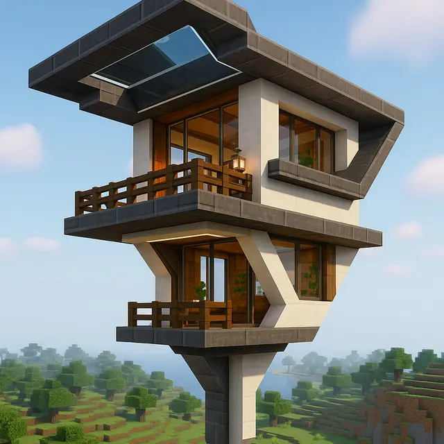 Contoh desain rumah bergaya futuristik di udara Minecraft/Meta AI