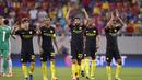 Para pemain Manchester City merayakan kemenangan timnya atas Steaua Bucharest pada kualifikasi liga Champions di Stadion National Arena, Bucharest, Romania, Rabu, (17/8/2016) dini hari WIB. (AP/Andreea Alexandru)