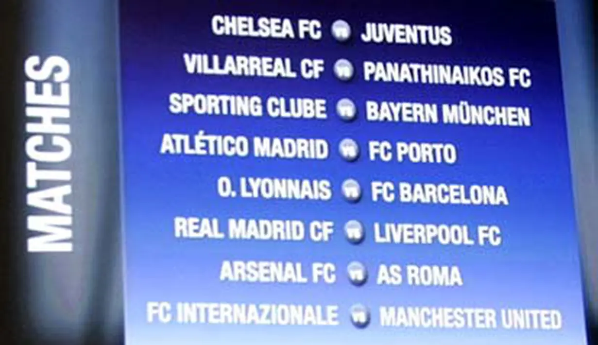 A picture taken on December 19, 2008 shows a screen displaying the results of the draw for the knockout phase of the UEFA Champions League, in Nyon. AFP PHOTO / NICHOLAS RATZENBOECK 