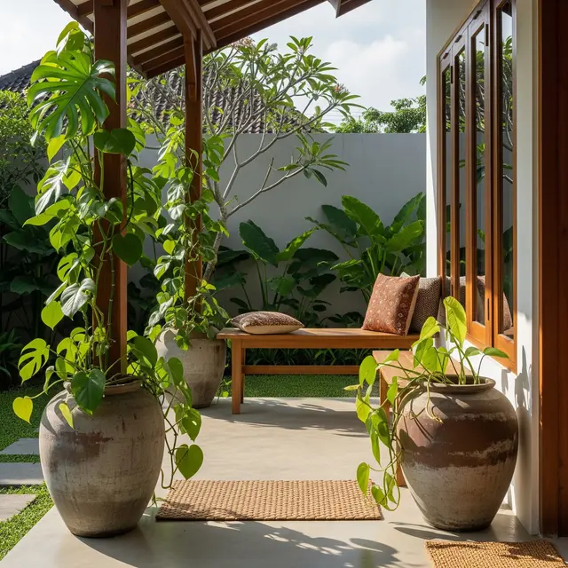 9 Model Teras Rumah Minimalis Ala Taman Tropis dengan Pot Besar, Kesejukan Alami