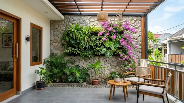 Ide Teras Rumah dengan Bougenville dan Batu Alam