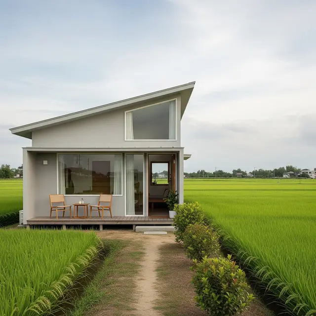 Model Rumah Minimalis di Desa Pinggir Sawah (Image by Gemini AI)