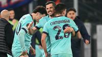 Bertanding di leg kedua 16 besar Liga Europa 2025/2026, Bologna unggul agregat 5-4 atas AS Roma. Tampak dalam foto, penyerang Bologna asal Italia, Nicolo Cambiaghi, merayakan golnya pada pertandingan leg kedua 16 besar Liga Europa 2025/2026 melawan AS Roma di Stadion Olimpico, Kamis (19/3/2026) waktu setempat atau Jumat 20 Maret 2026 dini hari WIB. (Alberto PIZZOLI/AFP)