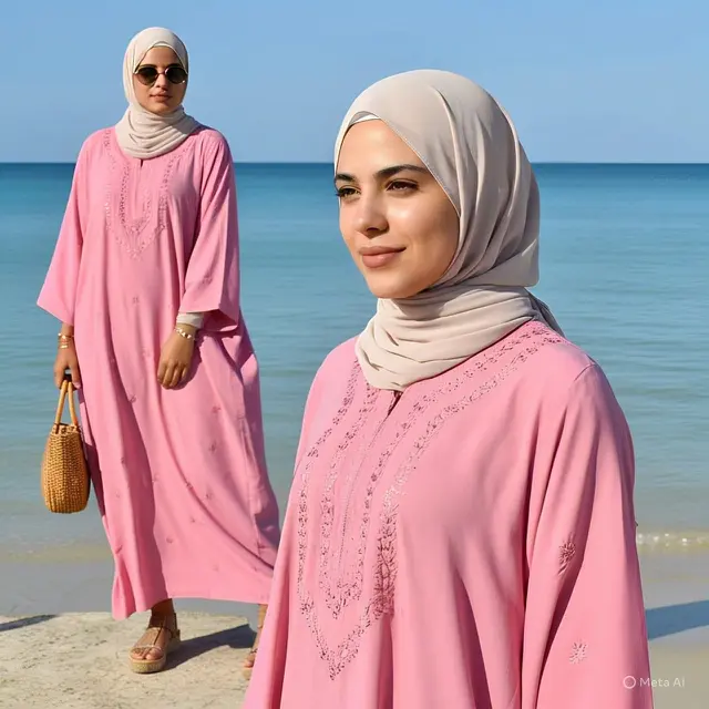 Kaftan Etnik Pink dengan Detail Bordir