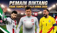 Tiga pemain bintang tidak tampil di Piala Dunia 2026: Khvicha Kvaratskhelia (Georgia), Robert Lewandowski (Polandia), Gianluigi Donnarumma (Italia). (Stefano RELLANDINI, Jonas EKSTROMER Giorgi ARJEVANIDZE/ AFP, Gemini, Hendry Wibowo)