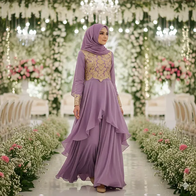 Dress Panjang Chiffon Flowy Kombinasi Brokat Muslim