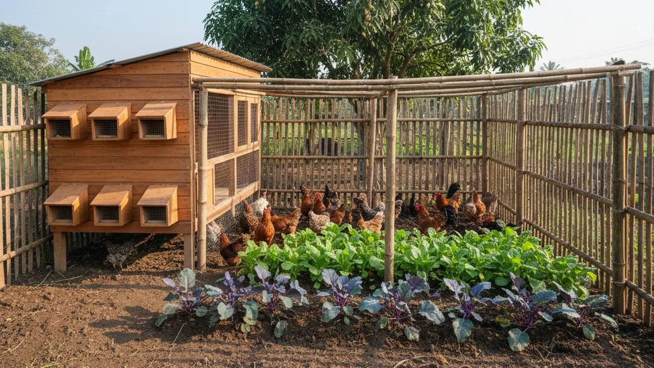 Desain Kandang Ayam Multifungsi Sekaligus Kebun Sayur. AI