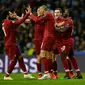 Selebrasi gol Mohamed Salah pada leg kedua babak perempat final Liga Champions yang berlangsung di Stadion do Dragao, Porto, Kamis (17/4). Liverpool menang 4-1 atas Porto. (AFP/Paul Ellis)