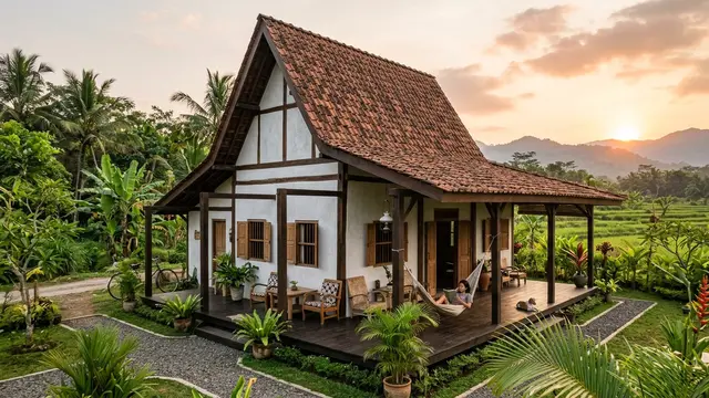 Desain Rumah Desa Atap Tinggi agar Udara Terasa Lebih Dingin (AI Generated)