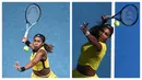 Petenis Amerika Serikat, Coco Gauff (kiri) dan Serena Williams saat melakukan servis di turnamen Australia Open. (Foto Kolase: AFP/Anthony Wallace dan AFP/Paul Crock)