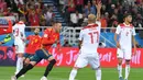 Striker Spanyol, Iago Aspas, merayakan gol ke gawang Maroko pada laga grup B Piala Dunia di Stadion Kaliningrad, Kaliningrad, Senin (25/6/2018). Kedua negara bermain imbang 2-2. (AFP/Patrick Hertzog)