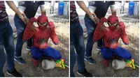 Lelaki Banglades yang mencari uang dengan sebagai objek foto memakai kostum Spiderman di Melaka (Sumber: worldoffbuzz)