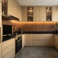 Ilustrasi Kitchen Set Champagne Gold + Backsplash Coklat Motif Kayu. Foto: AI Generated