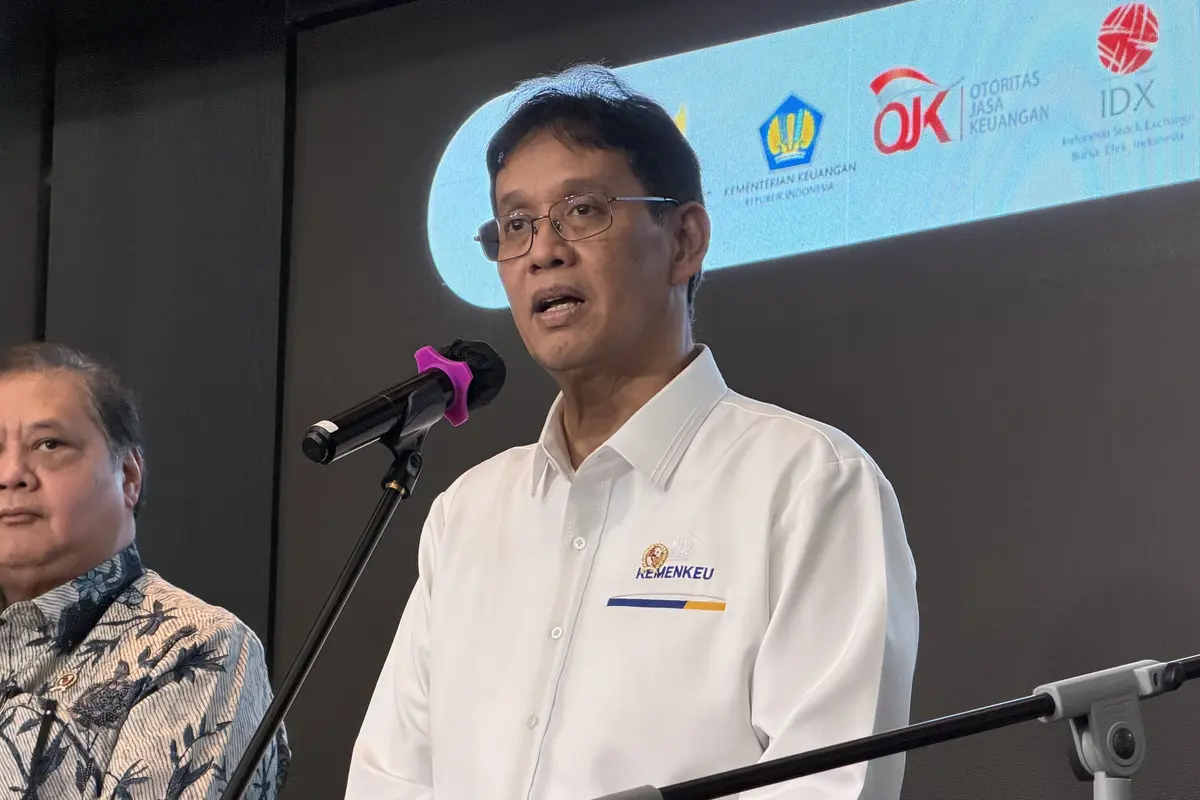 Menteri Keuangan Purbaya Yudhi Sadewa dalam acara Peresmian Program PINTAR Reksa Dana, di Main Hall BEI, Jakarta, Senin (27/4/2026). (Liputan6.com/Tira)
