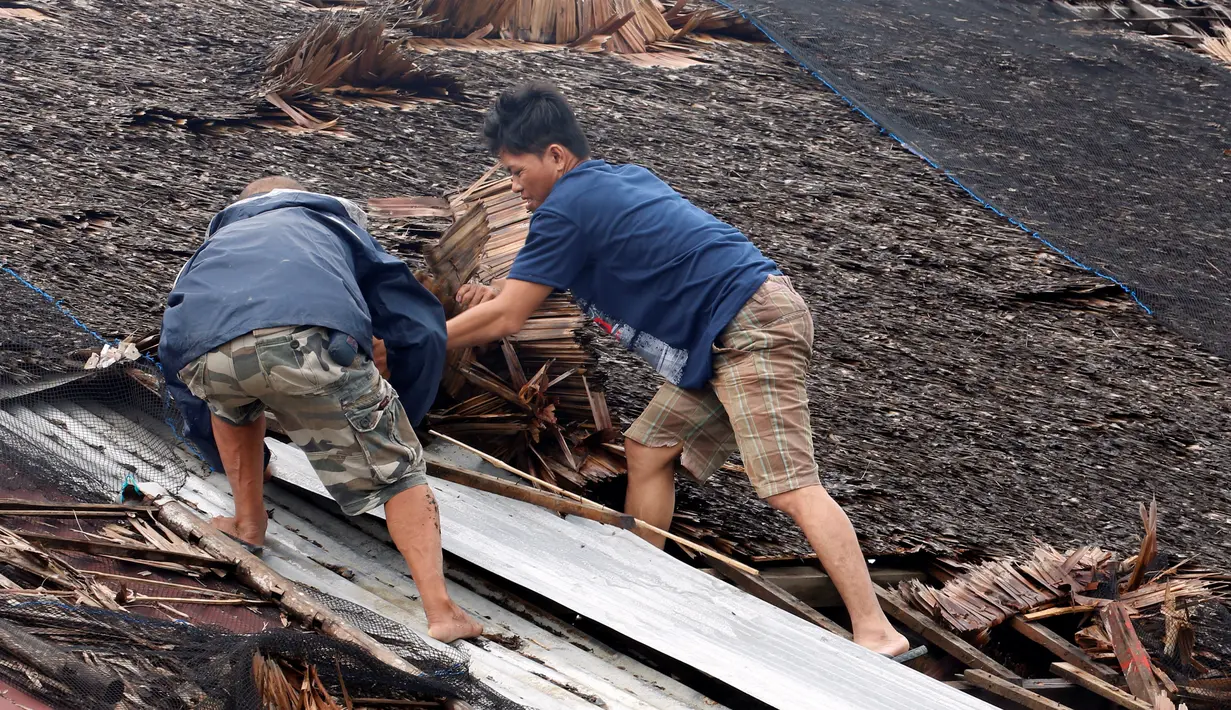 Warga memperbaiki atap rumah yang rusak akibat Topan Nock-Ten di Mabini, Filipina (26/12). Para peramal cuaca memperingatkan bahwa badai dapat menyebabkan hujan lebat dan angin kencang di sejumlah wilayah Filipina. (REUTERS/Erik De Castro)