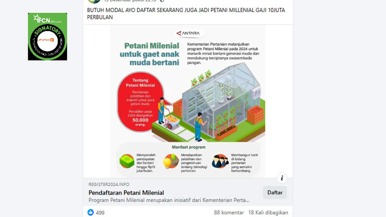 Tangkapan layar klaim link pendaftaran untuk mendapat modal Petani Milenial Rp 10 juta,