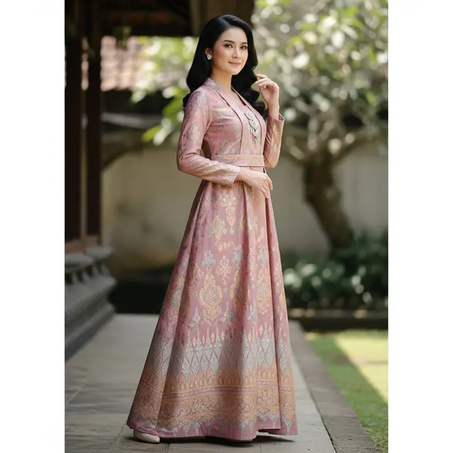 Dress Dusty Rose dengan Brokat Etnik
