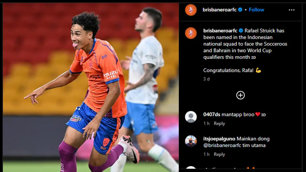 Brisbane Roar FC Ucapkan Selamat pada Rafael Struick karena Dipanggil Timnas Indonesia, Isi Komen Bikin Salfok/Instagram @brisbaneroarfc