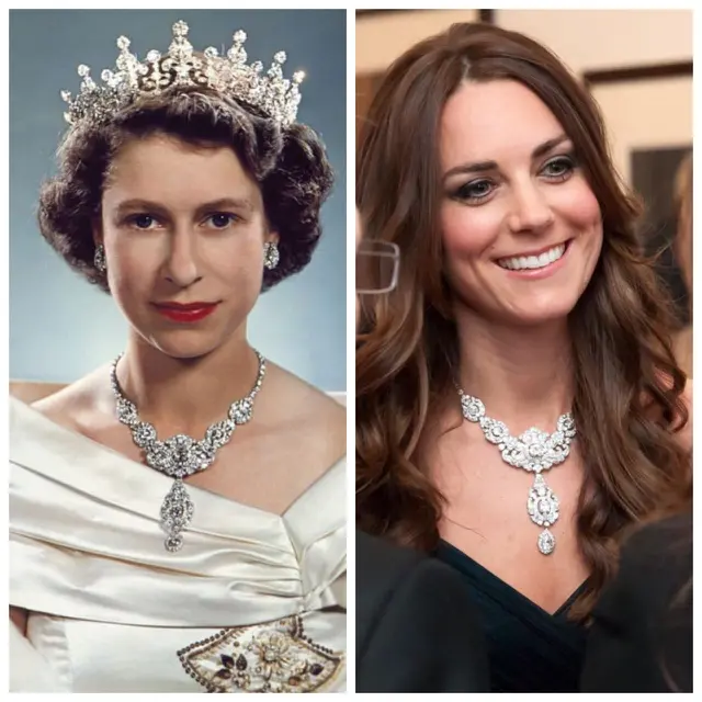 Kalung Nizam of Hyderabad yang dipakai oleh Kate Middleton merupakan warisan dari Ratu Elizabeth II. (Twitter/@the_Royalist1)