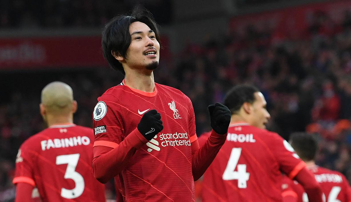 Takumi Minamino. Sayap kiri Jepang berusia 27 tahun yang telah 2,5 musim memperkuat Liverpool sejak didatangkan dari RB Salzburg pada pertengahan musim 2019/2020 ini memiliki nilai pasar 12 juta euro atau setara Rp187,2 miliar. Bersama Liverpool ia telah tampil dalam 53 laga di semua ajang dengan torehan 14 gol dan 3 assist. Liverpool dikabarkan sepakat untuk melepasnya ke AS Monaco pada awal musim 2022/2023. (AFP/Paul Ellis)