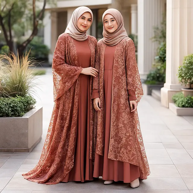 Gamis Brokat Outer Panjang dengan Nuansa Earth Tone