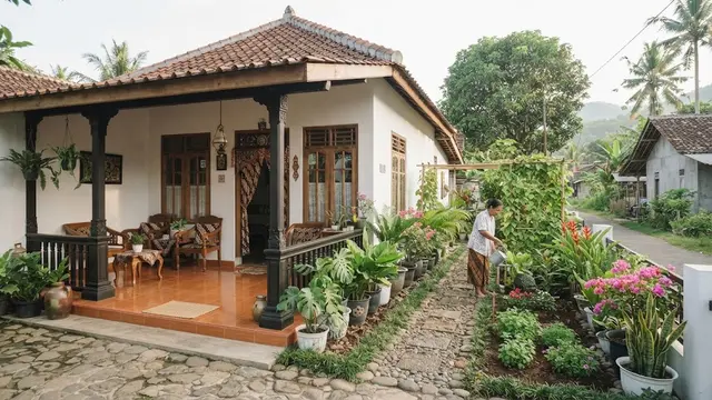 Desain rumah kampung dengan taman kecil di samping yang jadi definisi hunian slow living model taman samping dengan teras depan