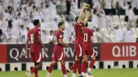 Selebrasi gol pemain Qatar, Yousef Aymen ke gawang India dalam Kualifikasi Piala Dunia 2026, Selasa (11/6/2024). (KARIM JAAFAR / AFP)