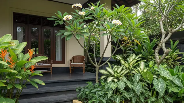 Model Teras Depan Rumah dengan Pohon Kamboja Bikin Nuansa Bali
