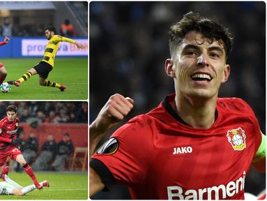 Gelandang serang Bayer Leverkusen, Kai Havertz, menjadi incaran beberapa klub besar Eropa berkat performa apiknya bersama skuat Die Werkself di kompetisi Bundesliga 2019-2020. Berikut pesona Kai Havertz saat berlaga untuk Leverkusen. (kolase foto AFP)