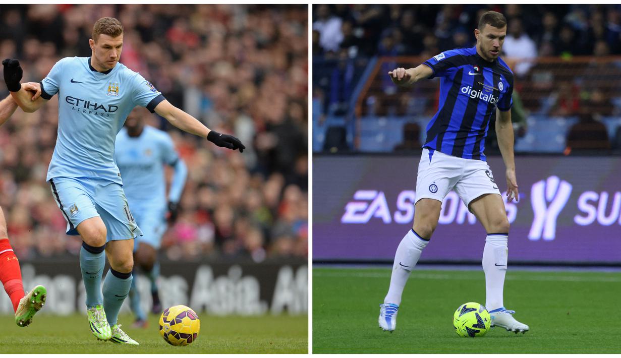 Foto kolase saat Edin Dzeko (kiri) saat membela Manchester City dalam pertandingan Liga Inggris pada 1 Maret 2015 dan Dzeko (kanan) saat membela Inter Milan dalam pertandingan Italian Super Cup pada 18 Januari 2023. (AFP/Oli Scarff, Fayez Nureldine)