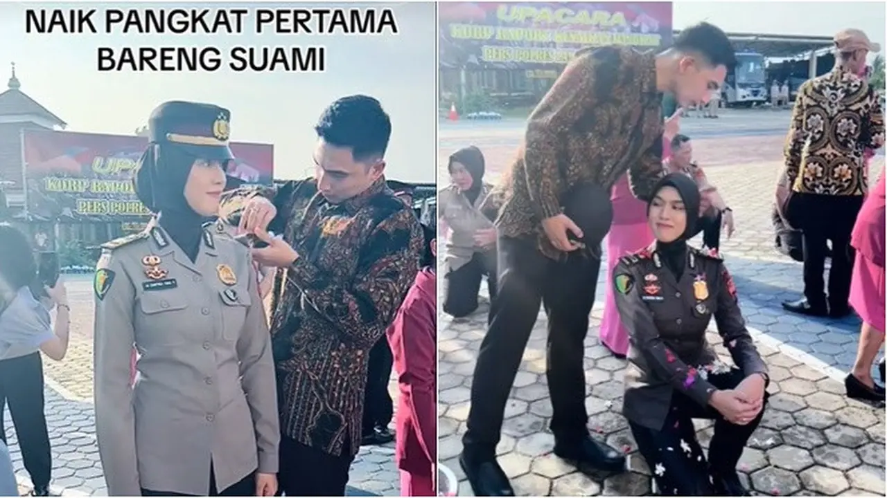 Momen Romantis Polwan Naik Pangkat Dipasangkan Suami, Sampai Prosesi Mandi Kembang