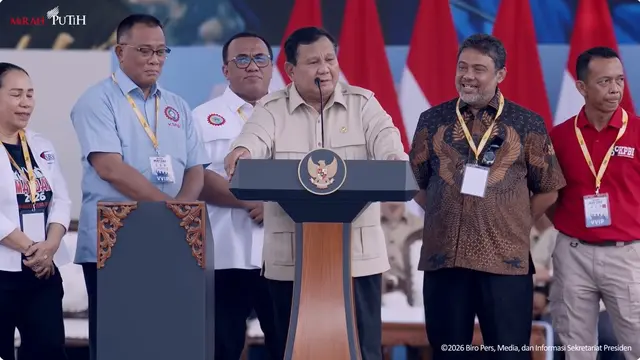 Presiden Prabowo Subianto saat pidato Hari Buruh atau May Day 2026 di Monas, Jumat (1/5/2026).