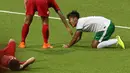 Ekspresi kesedihan pemain Timnas Indonesia U-23, Yandi Sofyan, setelah menderita kekalahan 2-4 dari Myanmar U-23. (Bola.com/Arief Bagus)