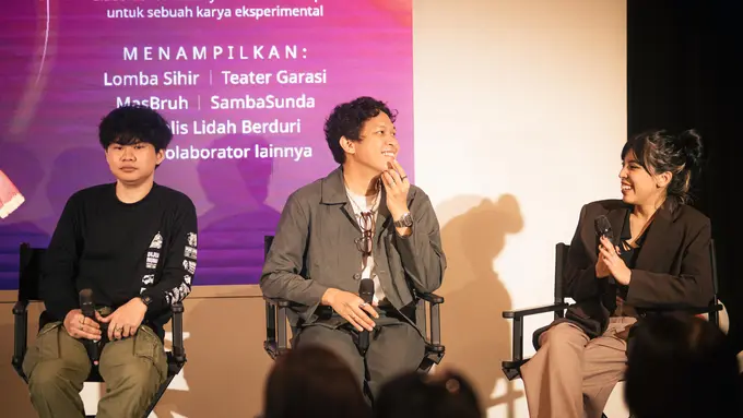 MasBruh sebagai Kolaborator Seni Visual, Baskara Putra & Natasha Udu sebagai Perwakilan Musisi Kolaborator dari Lomba Sihir di Collabonation X Vol.1. (Foto: Collabonation X)