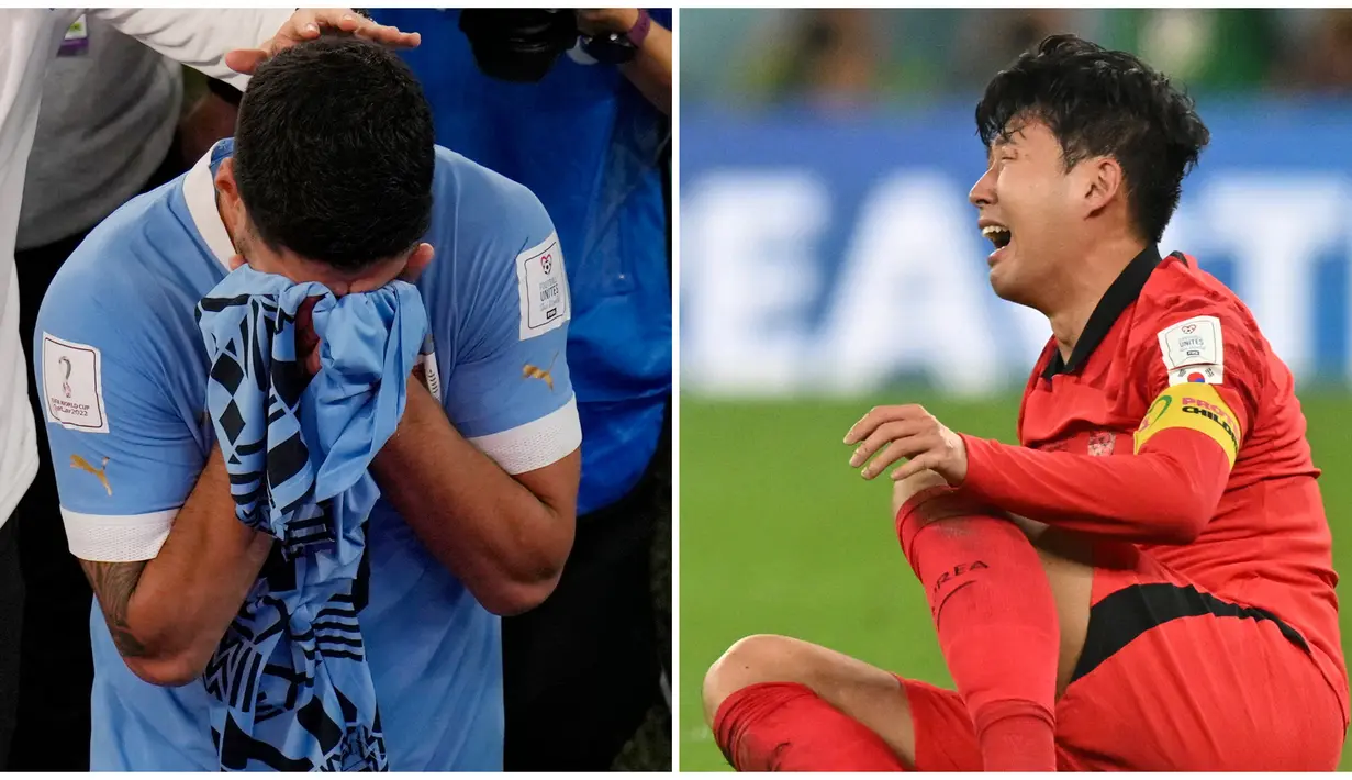 Foto kolase ekspresi tangisan dua pemain bintang Son Heung-min (kanan) dan Luis Suarez mewarnai laga pamungkas grup H Piala Dunia 2022, Jumat (2/12/2022). (Foto-foto: AFP/Glyn Kirk, AP Photo/Aijaz Rahi)