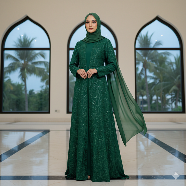 Mujer vestida con abaya verde (Gemini AI)