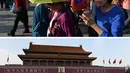 Wisatawan berjalan melewati potret almarhum pemimpin komunis Mao Zedong di Lapangan Tiananmen di Beijing pada 29 April 2013 (atas) dan pemandangan umum area yang sama di Beijing pada 7 Maret 2020. (Greg Baker, Mark RALSTON/AFP)