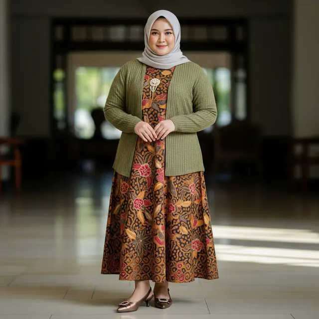 Gamis Batik Hijab Cardy A-Line untuk Tubuh Berisi