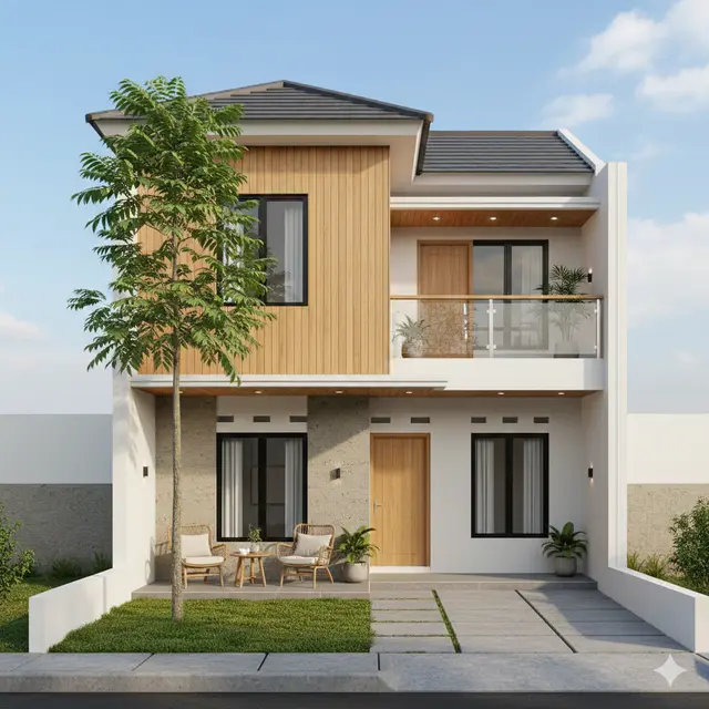 Model Rumah Japandi dengan Teras Mini dan Ketapang Kencana (Foto: Gemini AI)