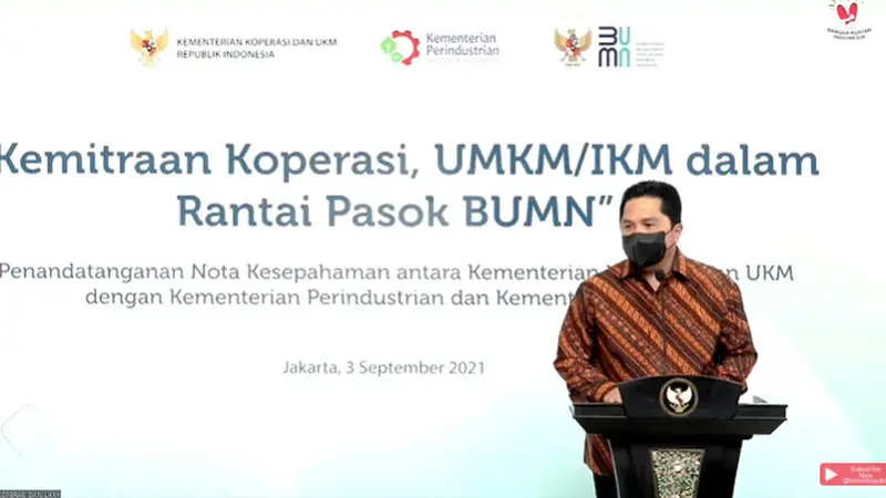 Menteri BUMN Erick Thohir dalam penandatanganan rantai pasok UMKM ke BUMN