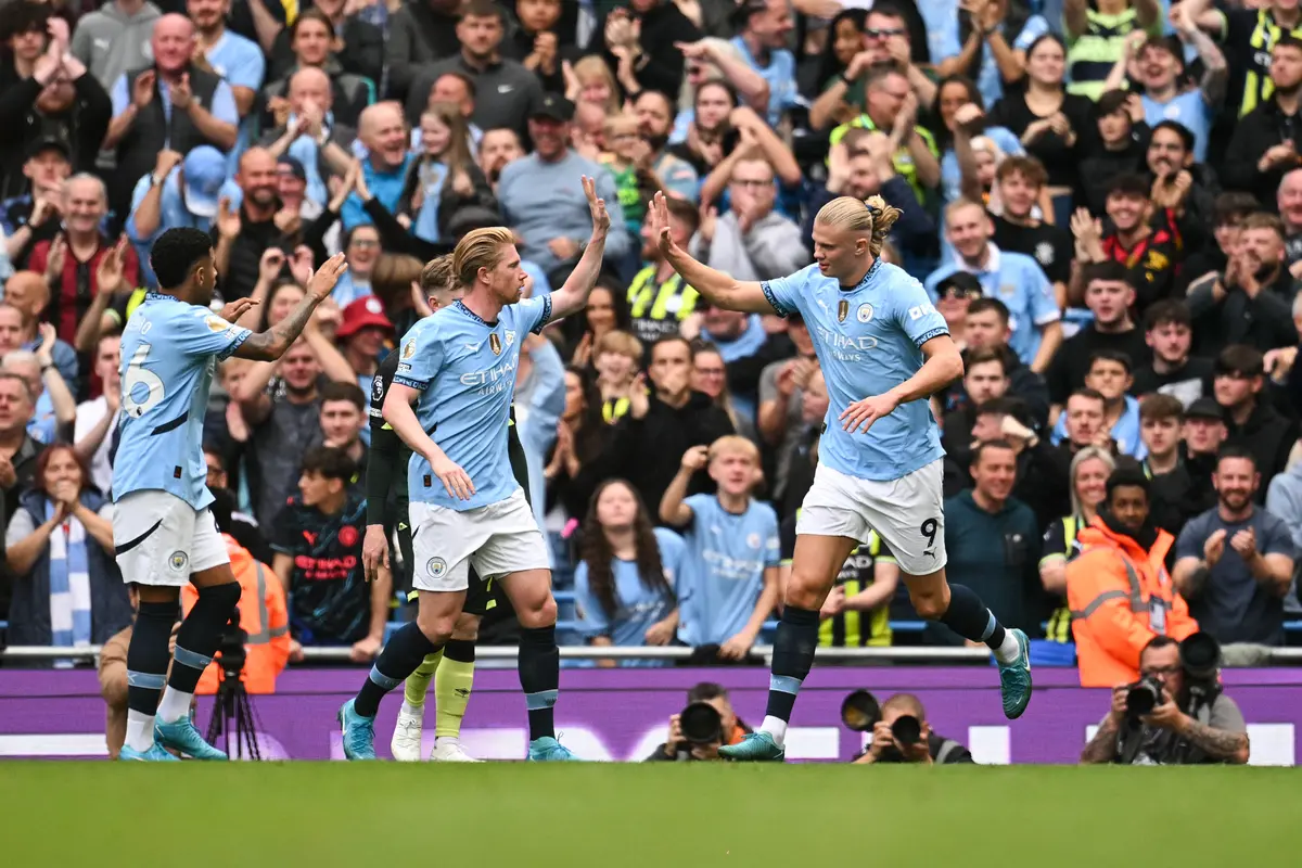 Selebrasi Manchester City saat Haland menjebol gawang Brentford di arena Liga Inggris