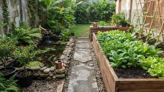 Kolam Ikan Mini dengan Kebun Sayur di Raised Bed
