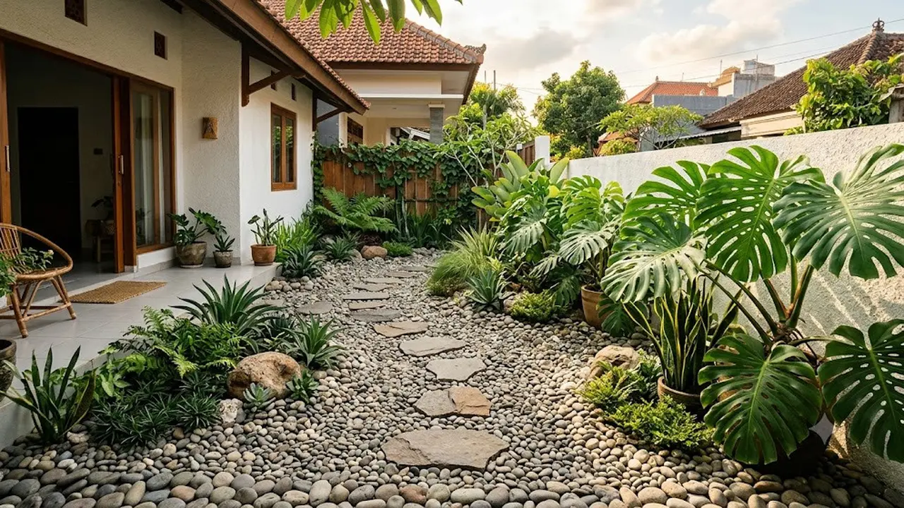 6 Taman Kering dengan Batu Koral dan Monstera, Halaman Rumah Makin Sejuk